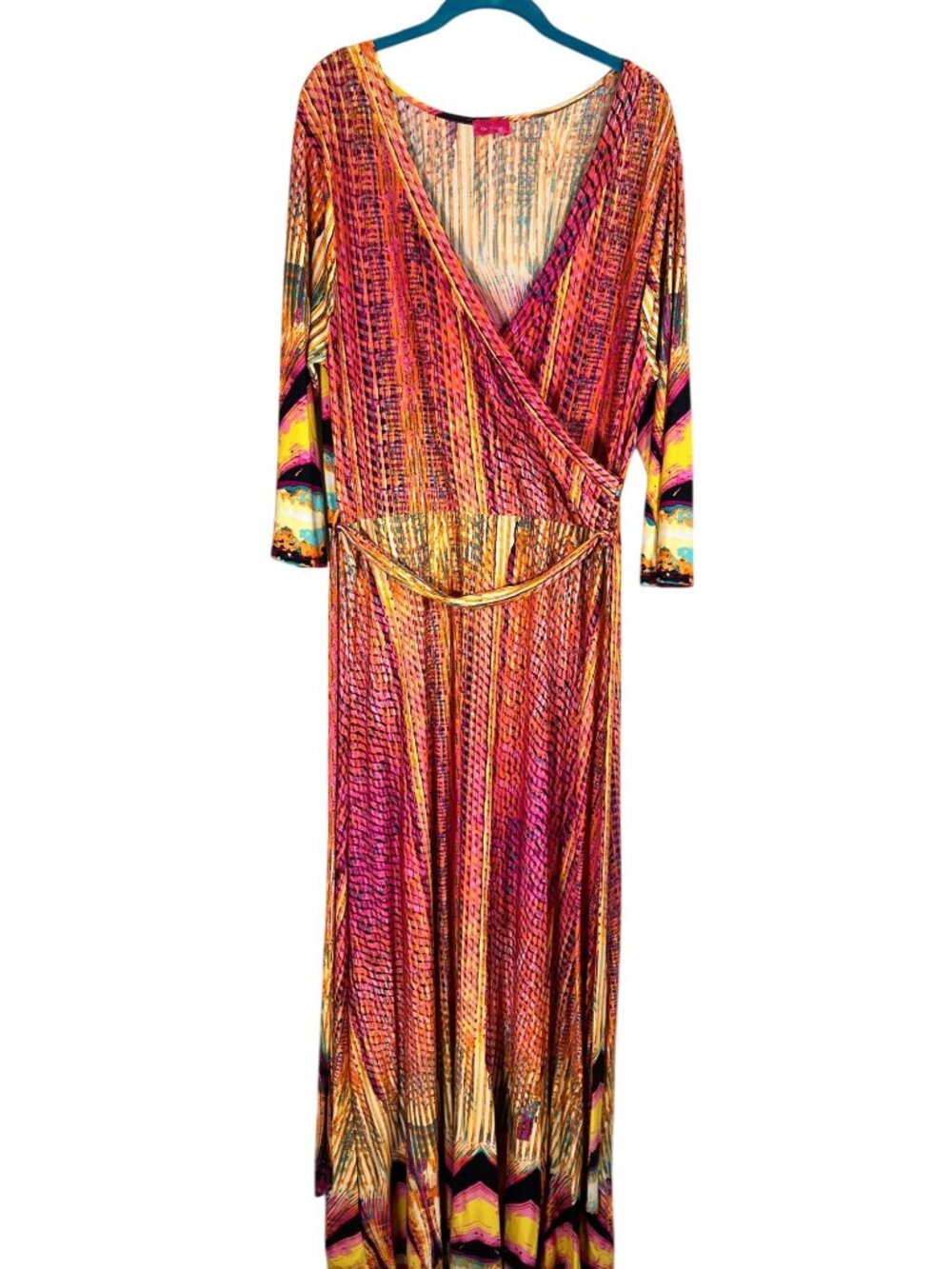 Colorful Wrap Maxi Dress Yellow 1X Tribal Boho Indie Festival Animal Print 90s‎